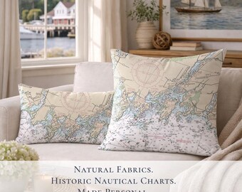 Mystic River Nautical Chart Pillow Cover | Coastal Home Decor, Connecticut Map Accent