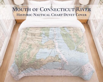 Connecticut River Nautical Chart Duvet Cover | Old Saybrook Coastal Map Bedding | Luxury Cotton Sateen