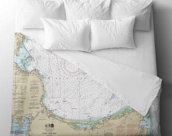 Cape Cod Nautical Chart Duvet Cover | Massachusetts  Map Coastal Map Bedding | Luxury Cotton Sateen