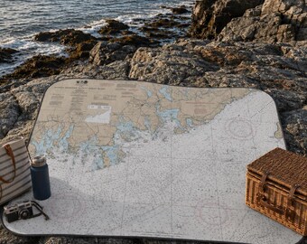 Downeast Maine Nautical Chart Picnic Blanket | Coastal Map Outdoor Mat (NOAA chart 13325)