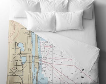 Palm Beach Nautical Chart Duvet Cover | Florida Map Coastal Map Bedding | Luxury Cotton Sateen