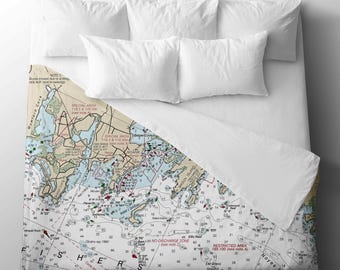 Mystic River Nautical Chart Duvet Cover | Coastal Connecticut Map Bedding
