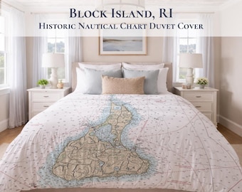 Block Island Nautical Chart Duvet Cover | Rhode Island Cotton Sateen Map Coastal Bedding