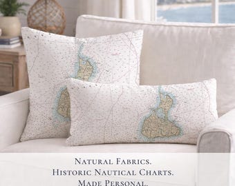 Block Island Nautical Chart Pillow Cover | Coastal Home Decor, Rhode Island Map Accent
