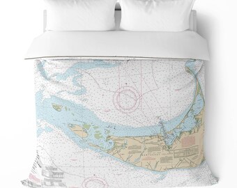Nantucket Nautical Chart Duvet Cover | Massachusetts Map Coastal Map Bedding | Luxury Cotton Sateen
