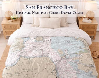 San Francisco Bay Historic Nautical Chart Duvet Cover, Cotton Sateen California Coastal Bedding