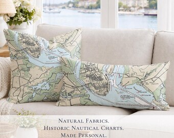 Charleston Harbor Nautical Chart Pillow Cover, Coastal Gift, Cotton Linen Blend (Personalization)