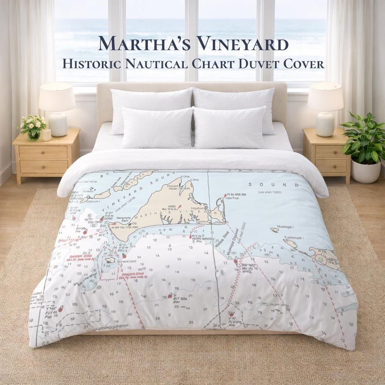 Martha's Vineyard Nautical Chart Duvet Cover | Massachusetts Map Coastal Map Bedding | Luxury Cotton Sateen image 1