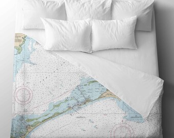 Cape Hatteras Nautical Chart Duvet Cover | North Carolina Coastal Map Bedding | Luxury Cotton Sateen