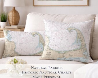 Cape Cod Nautical Chart Pillow Cover | Personalized Coastal Gift | Historic Massachusetts Map Design