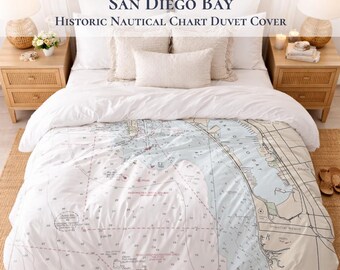 San Diego Bay Nautical Chart Duvet Cover, California Coastal Cotton Sateen Bedding