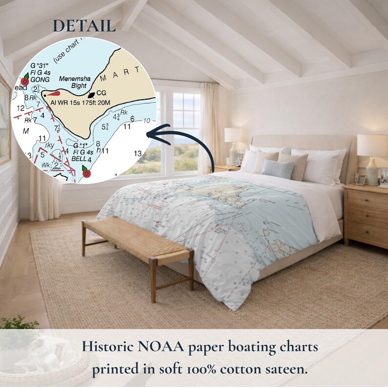 Martha's Vineyard Nautical Chart Duvet Cover | Massachusetts Map Coastal Map Bedding | Luxury Cotton Sateen image 3