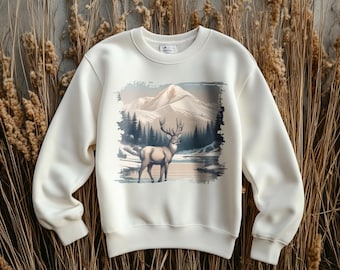 Sudadera retro de ciervo de cola blanca - Sudadera unisex de cuello redondo, sudadera con escena de montaña, sudadera vintage de naturaleza - Regalo para amantes de la naturaleza