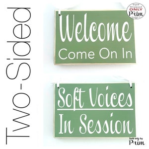 In Session Sign | Welcome Come On In | Soft Voices Custom Wood Sign | Quiet Please | Treatment In Progress | Salon Spa Medical Clinic Plaque
