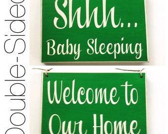 8x6 Shhh Baby Sleeping Welcome To Our Home Double Sided Custom Wood Sign Nursery Baby Shower Welcome Wall Decor Hanger Door Plaque