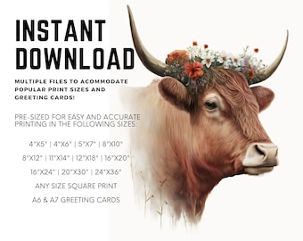 Cow with Flowers - Downloadable Art Print - Digital Oil Painting - Cow Print - Farmhouse Wall Decor