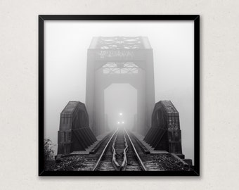 Train Trestle in The Fog - Locomotive Railway Photo - Train Decor Wall Art - Black and White Unframed Square Print