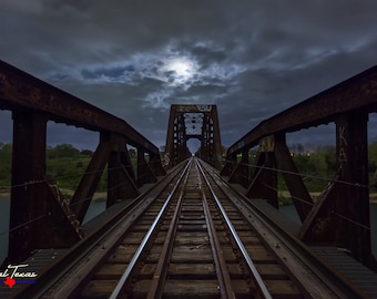 Moonlight on The Tracks - Train Trestle Under a Full Moon and Cloudy Skies - Photo Prints - Wall Art - Unique Gift - Unframed