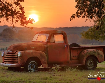 Vintage Chevy Farm Truck - Rusted Old Truck Country Scene - Rustic Chevrolet Wall Art - Rural Sunset Print - Texas Wall Art - Unframed Print