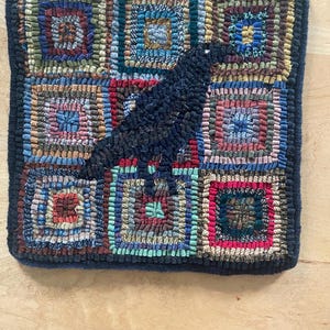 Handmade Primitive Style Hooked Rug Crow With Colorful Geometric ...