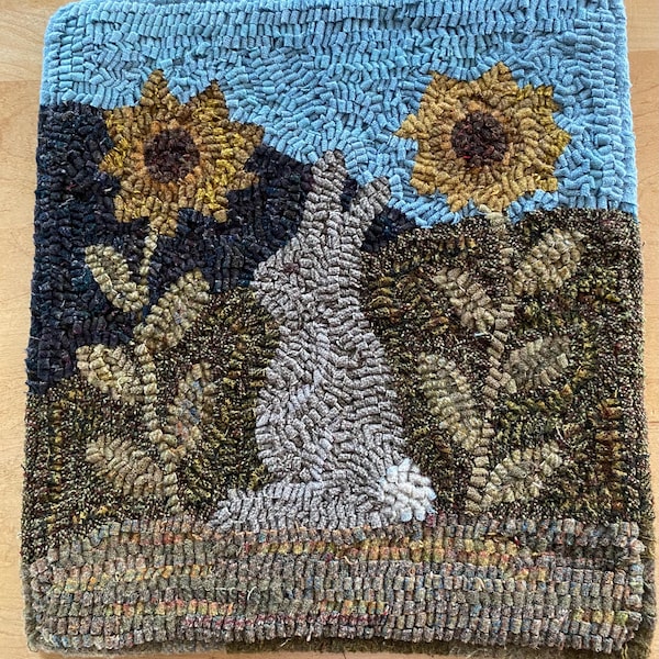 Handmade primitive style hooked rug mat rabbit with sunflowers