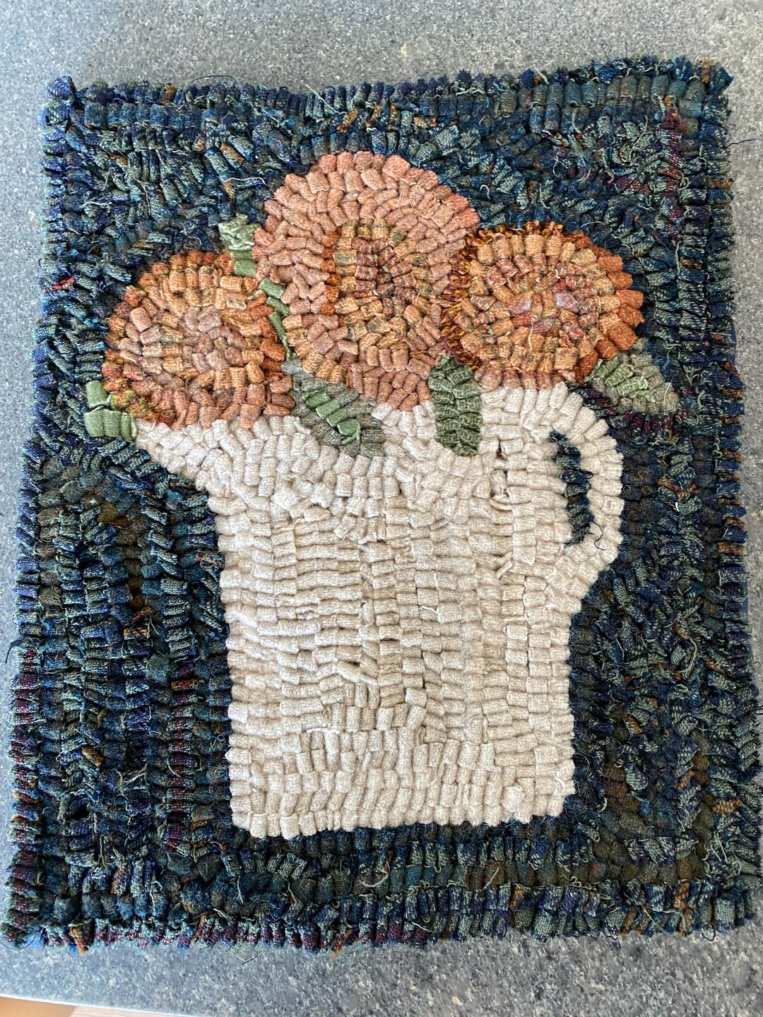 Handmade Primitive Style Hooked Rug, White Ironstone Pitcher With Faded ...