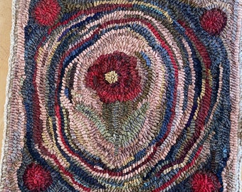 Primitive Hooked Rug Red Flowers with Hit or Miss Colorful Background Antique Reproduction