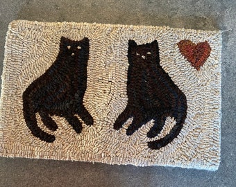 Cats with Heart Primitive Style Hooked Rug