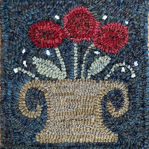 Handmade primitive style hooked rug roses in urn