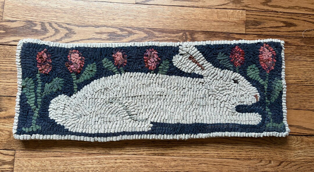 Hooked Rugs With Rabbits Rabbit With Flowers Runner Handmade Primitive Style Hooked Rug - Etsy