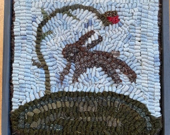 Hand made small leaping bunny rabbit hooked rug on painted wooden keepsake box