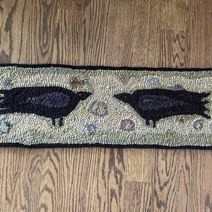 Handmade primitive style hooked rug runner folk art birds