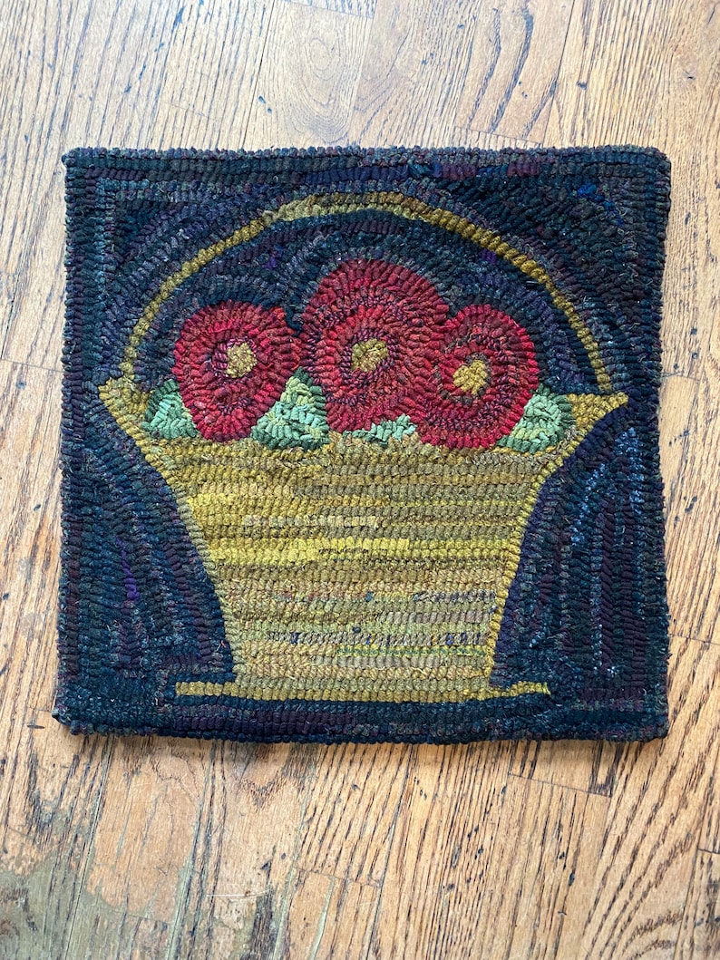 Handmade Primitive Style Hooked Rug Roses in Basket - Etsy