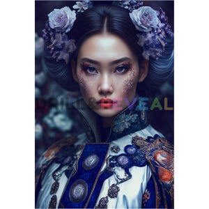 May include: A digital art print of a woman with dark hair and pale skin, adorned with floral headwear. She wears a white and blue jacket with ornate gold embroidery. Her makeup includes glitter accents and red lipstick. The image has a soft, dreamlike quality.