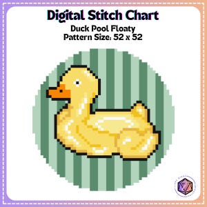 Puede incluir: Un gráfico de patrón de arte de píxeles para un flotador de piscina de pato amarillo. El gráfico es de 52 x 52 puntos y está sobre un fondo a rayas verde y blanco.