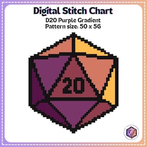 May include: A purple and orange gradient D20 dice pixel art pattern. The pattern is 50 stitches wide and 56 stitches tall.