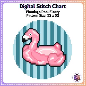 May include: A digital stitch chart pattern for a pink flamingo pool floaty. The pattern is 52 stitches wide by 52 stitches tall.