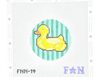 May include: A needlepoint canvas featuring a yellow rubber duck centered on a light green and white vertical striped circular background. The canvas includes the text FMN-19 and F N with a star, surrounded by a border of stars and text.