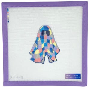 May include: A needlepoint canvas featuring a colorful ghost design. The ghost is composed of various pastel-colored squares, including blue, yellow, pink, and gray. The canvas is framed with a lavender border and includes the text "FRIDAY NIGHT NEEDLEPOINT".