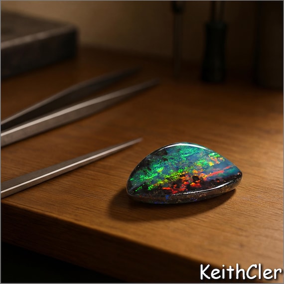 Boulder Opal Cabochon 4mm x 10mm x 14mm with Reds Greens and Blues