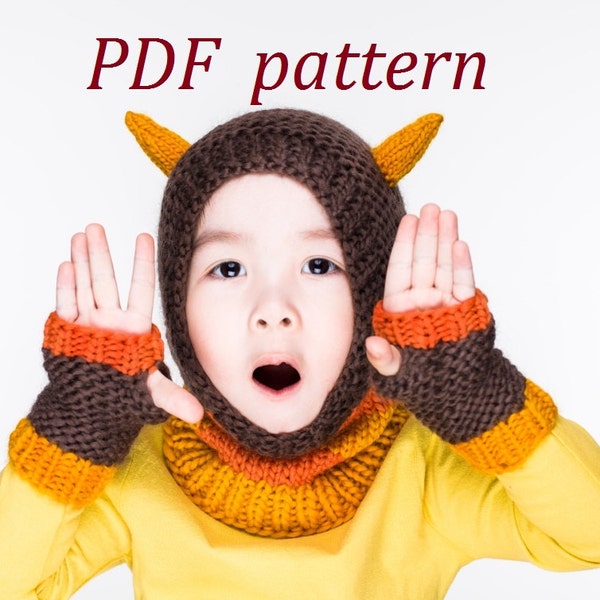 PDF Little Monster Coverall Hat and Fingerless Mittens Knitting Pattern