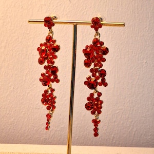 Może przedstawiać: Para kolczyków z czerwonymi kryształkami. Każdy kolczyk ma skupisko czerwonych kamieni o różnych rozmiarach, zawieszonych na małym sztyfcie. Kolczyki są prezentowane na złotym stojaku na biżuterię, ukazując ich skomplikowany design.