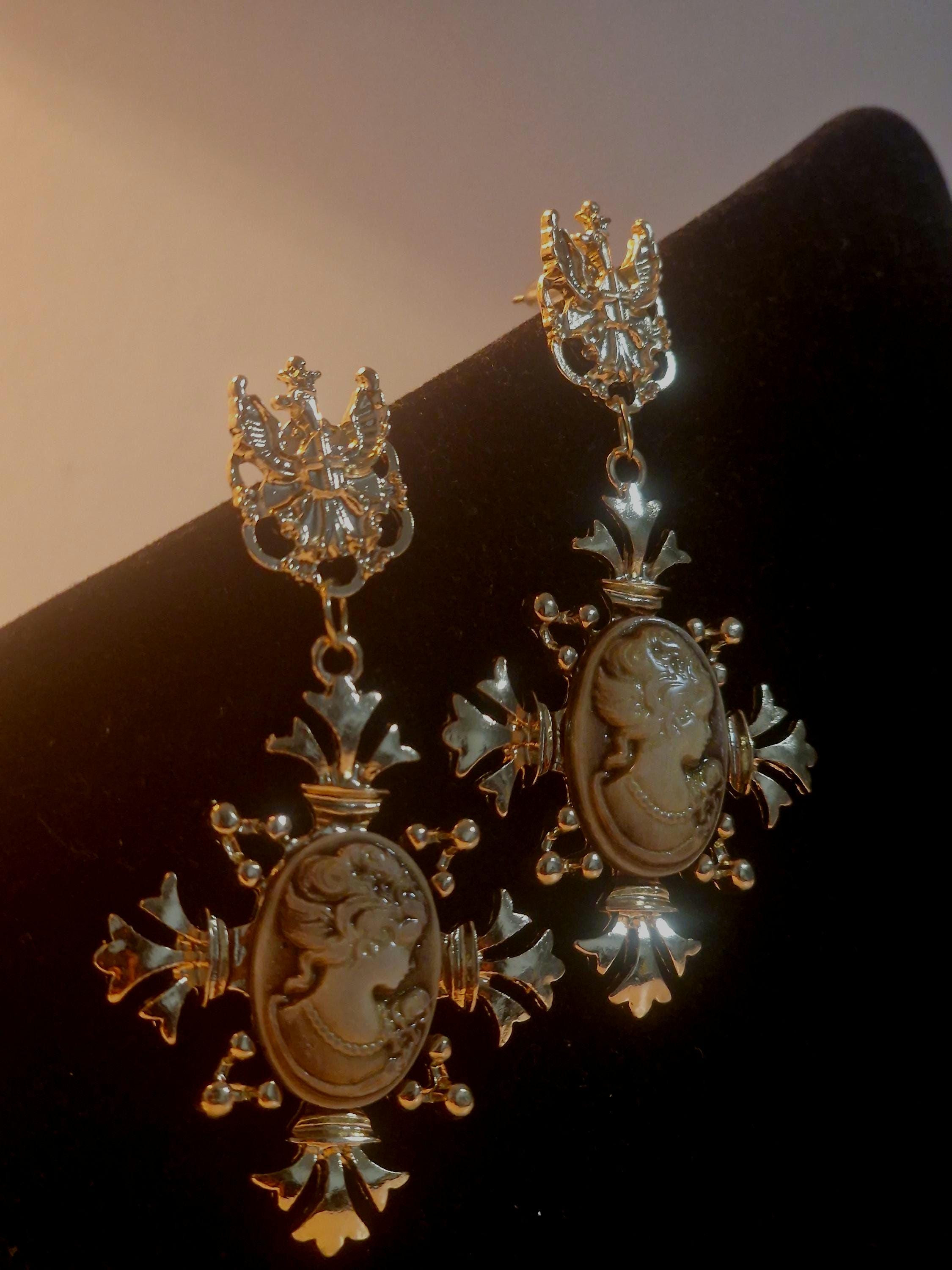 Boucles D'oreilles Grand Camée Victorien Bronze - Portrait Blanc Sur Noir - Neuves Sans Emballage