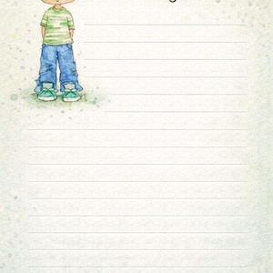 Op de afbeelding: Een gelinieerde pagina uit een dagboek met een aquarel illustratie van een stripfiguur jongen in een groen gestreept shirt en een blauwe jeans. De tekst "and today..." staat boven de lijnen, met een Bijbelvers onderaan.