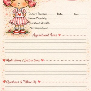 May include: A decorative appointment notes page with a cartoon nurse illustration. The page has lines for doctor information, notes, and follow-up questions. The text "Handle with care..." is written at the top.