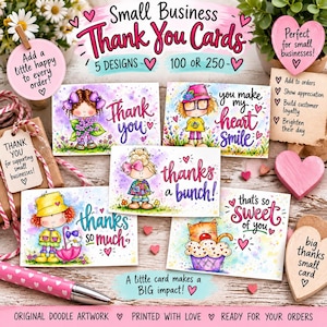 May include: A set of five rectangular thank you cards featuring colorful doodle illustrations of characters and a cat in a cupcake, with text including 'Thank you', 'you make my heart smile', 'thanks a bunch!', 'thanks so much', and 'that's so sweet of you'.