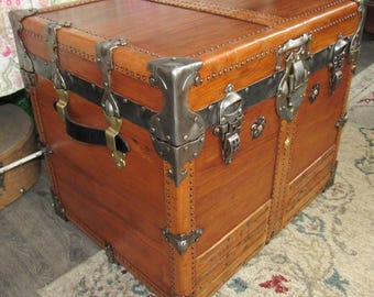 Antique steamer trunk, rare & elegant 24" professional grade "Drucker" vintage Flat top hat or lingerie style chest w/tray C-1899 ships free