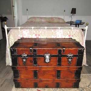 Antique trunk, handsome, large vintage wooden Flat top steamer chest fully restored with tray & Key C-1890 great coffee table, table top
