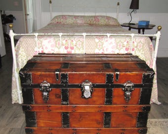 Antique trunk, handsome, large vintage wooden Flat top steamer chest fully restored with tray & Key C-1890 great coffee table, table top