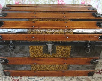 Antique trunk, vintage original embossed tin covered wooden wide slatted steamer chest restored with tray & Key  C1895